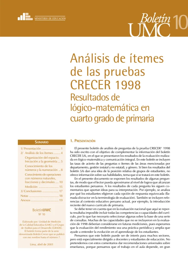 10. CRECER 1998: Análisis de ítems de lógico-matemática en 4° de primaria (MINEDU) PDF 1 Portada de 10. CRECER 1998: Análisis de ítems de lógico-matemática en 4° de primaria - Evaluaciones UMC (ECE y ENLA) - MINEDU