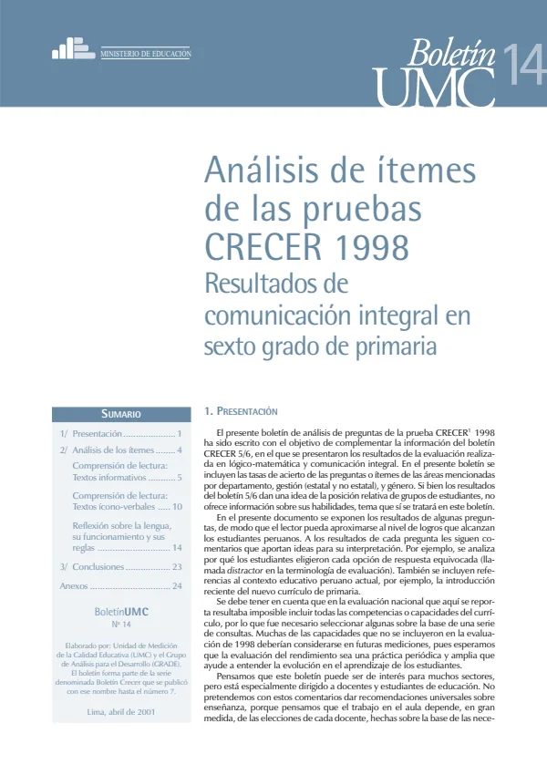 14. CRECER 1998: Análisis de ítems de comunicación integral en 6.° de primaria (MINEDU) PDF 1 Portada de 14. CRECER 1998: Análisis de ítems de comunicación integral en 6.° de primaria - Evaluaciones UMC (ECE y ENLA) - MINEDU