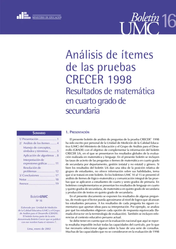 16.CRECER 1998: Análisis de ítems de matemática en 4.° grado de secundaria (MINEDU) PDF 1 Portada de 16.CRECER 1998: Análisis de ítems de matemática en 4.° grado de secundaria - Evaluaciones UMC (ECE y ENLA) - MINEDU