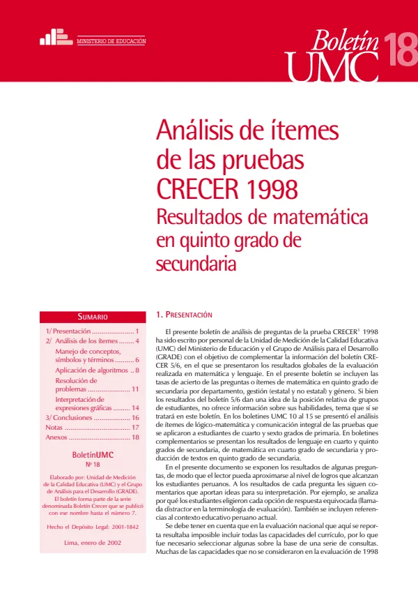 18. CRECER 1998: Análisis de ítems de comunicación en 5.° de secundaria (MINEDU) PDF 1 Portada de 18. CRECER 1998: Análisis de ítems de comunicación en 5.° de secundaria - Evaluaciones UMC (ECE y ENLA) - MINEDU