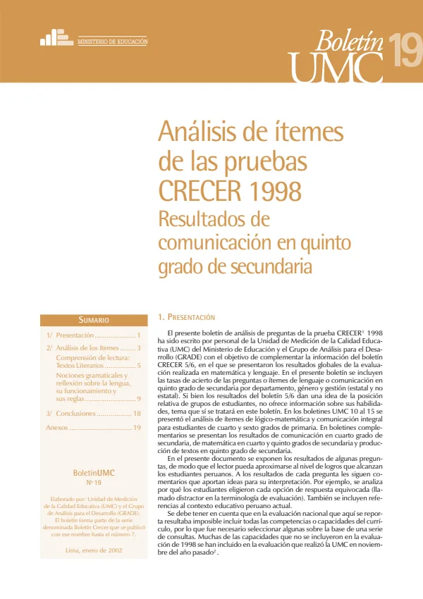 19. CRECER 1998: Análisis de ítems de comunicación en 5.° de secundaria (MINEDU) PDF 1 Portada de 19. CRECER 1998: Análisis de ítems de comunicación en 5.° de secundaria - Evaluaciones UMC (ECE y ENLA) - MINEDU