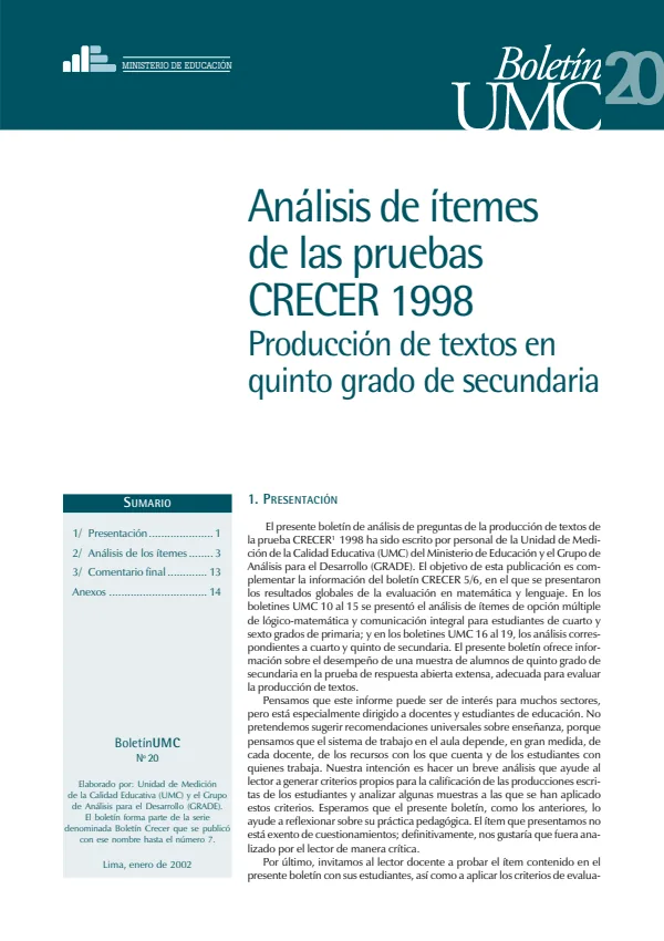 20. CRECER 1998: Análisis de ítems de producción de textos en 5°. de secundaria (MINEDU) PDF 1 Portada de 20. CRECER 1998: Análisis de ítems de producción de textos en 5°. de secundaria - Evaluaciones UMC (ECE y ENLA) - MINEDU