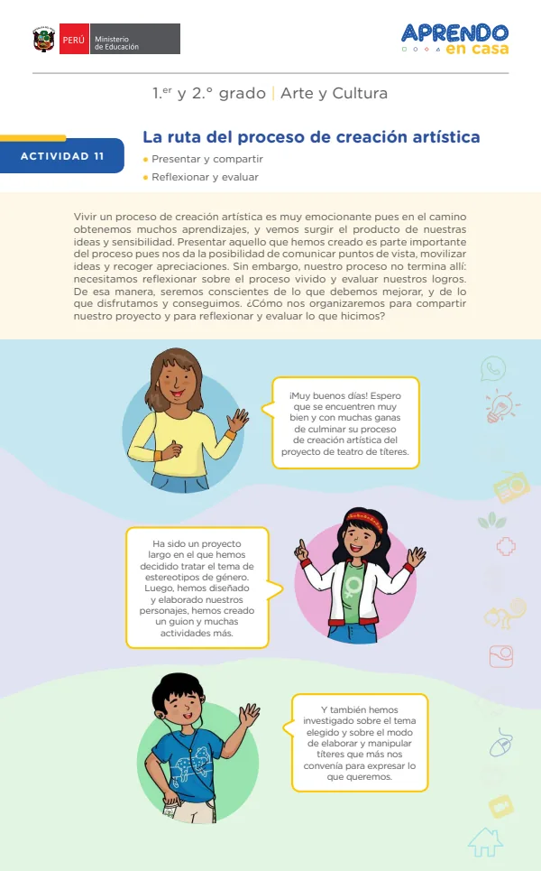 Actividad 11. La ruta del proceso de creación artística. 1.er y 2. grado (MINEDU) PDF 1 Portada de Actividad 11. La ruta del proceso de creación artística. 1.er y 2. grado - MINEDU