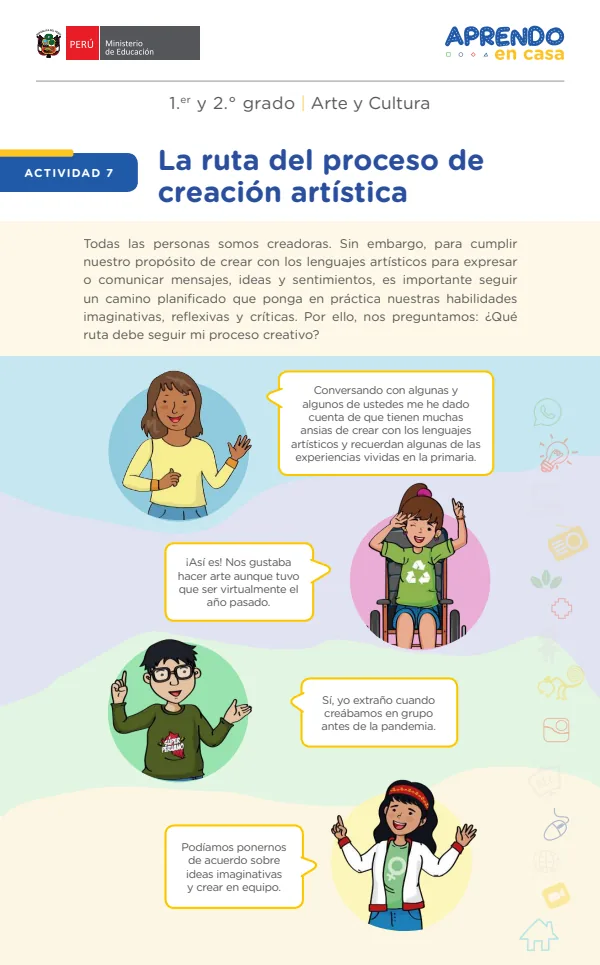 Actividad 7. La ruta del proceso de creación artística, 1.er y 2. grado (MINEDU) PDF 1 Portada de Actividad 7. La ruta del proceso de creación artística, 1.er y 2. grado - MINEDU