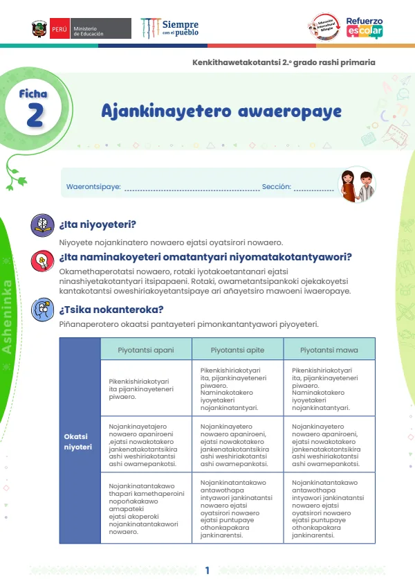 Ajankinayetero awaeropaye: ficha 2 - Kenkithawetakotantsi 2. grado rashi (MINEDU) PDF 1 Portada de Ajankinayetero awaeropaye: ficha 2 - Kenkithawetakotantsi 2. grado rashi - MINEDU