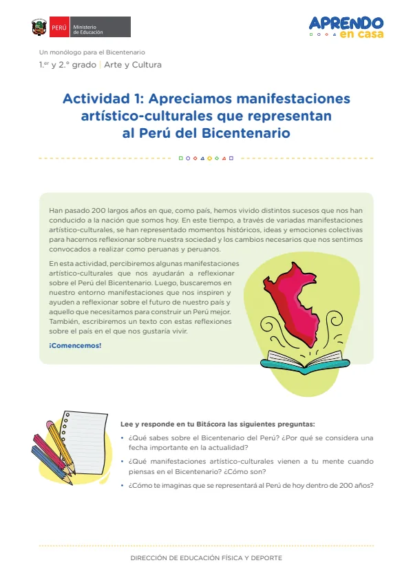 Apreciamos manifestaciones artístico-culturales que representan al Perú del Bicentenario (MINEDU) PDF 1 Portada de Apreciamos manifestaciones artístico-culturales que representan al Perú - 2.º grado de Secundaria - MINEDU