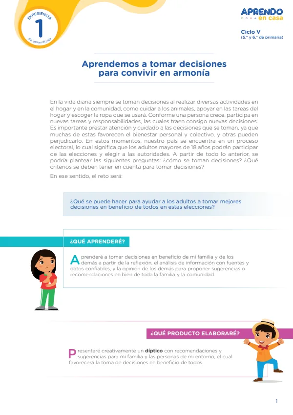 Aprendemos a tomar decisiones para convivir en armonía, ciclo V - Primaria (MINEDU) PDF 1 Portada de Aprendemos a tomar decisiones para convivir en armonía, ciclo V - Primaria - MINEDU