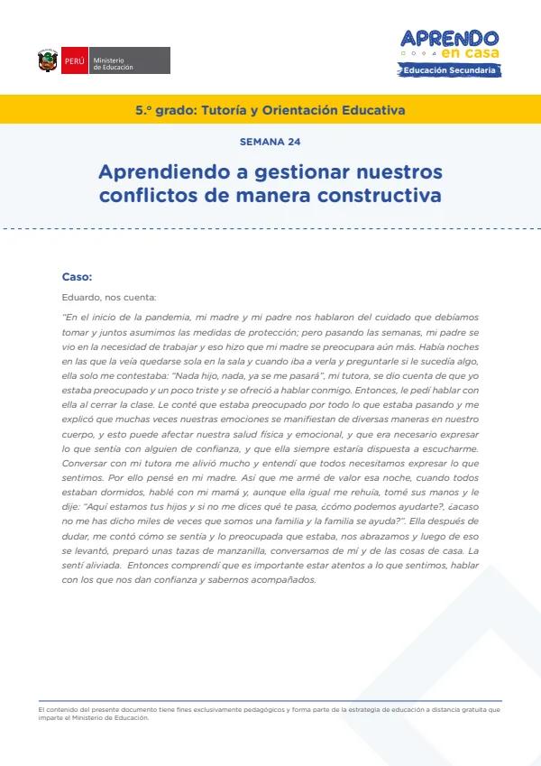 Aprendiendo a gestionar nuestros conflictos de manera constructiva - 1 - 5.° grado de Secundaria (MINEDU) PDF 1 Portada de Aprendiendo a gestionar nuestros conflictos de manera constructiva - 1 - 5.° grado - MINEDU