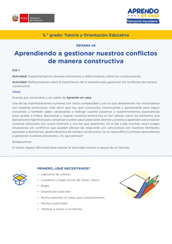 Aprendiendo a gestionar nuestros conflictos de manera constructiva - 5.° grado de Secundaria (MINEDU) PDF 1 Portada de Aprendiendo a gestionar nuestros conflictos de manera constructiva - 5.° grado - MINEDU