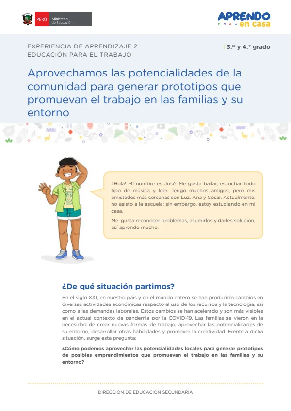 Aprovechamos las potencialidades de la comunidad para generar prototipos que promuevan el trabajo en las familias y su entorno (MINEDU) PDF 1 Portada de Aprovechamos las potencialidades de la comunidad para generar prototipos que promuevan - 4.º grado de Secundaria - MINEDU