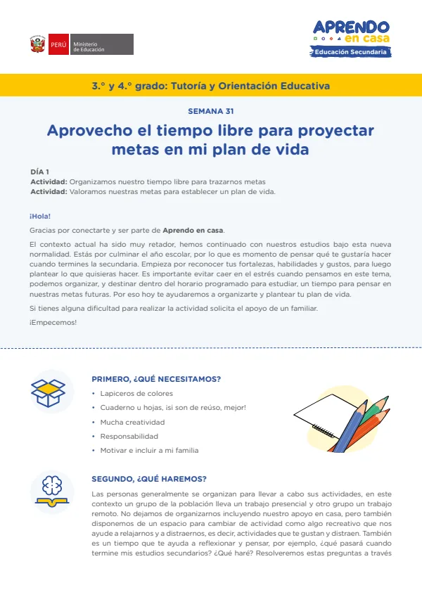 Aprovecho el tiempo libre para proyectar metas en mi plan de vida - Secundaria (MINEDU) PDF 1 Portada de Aprovecho el tiempo libre para proyectar metas en mi plan de vida - Secundaria - MINEDU