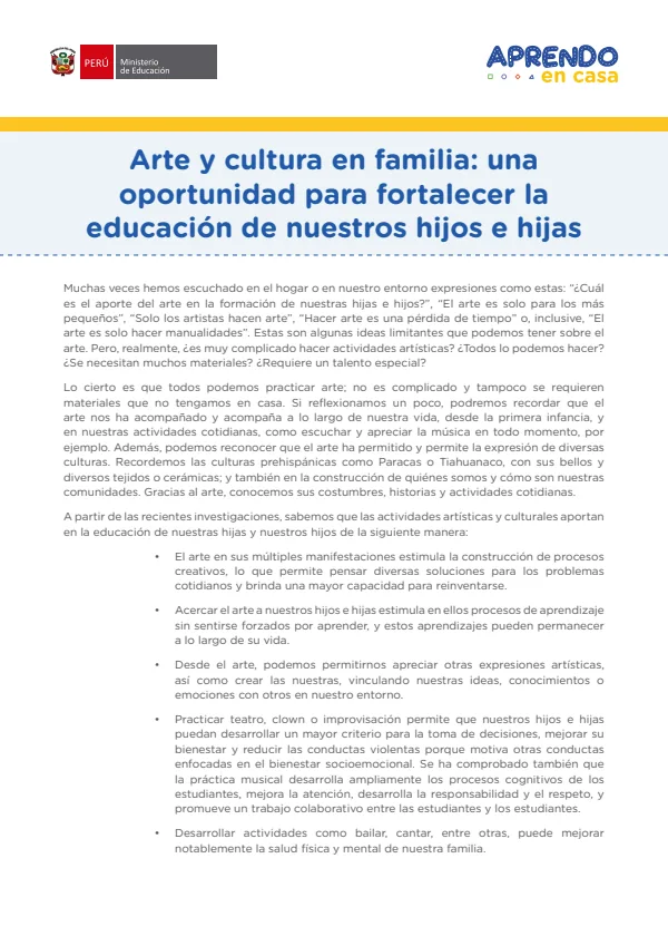 Arte y cultura en familia: una oportunidad para fortalecer la educación de nuestros hijos e hijas (MINEDU) PDF 1 Portada de Arte y cultura en familia: una oportunidad para fortalecer la educación de nuestros - Secundaria - MINEDU
