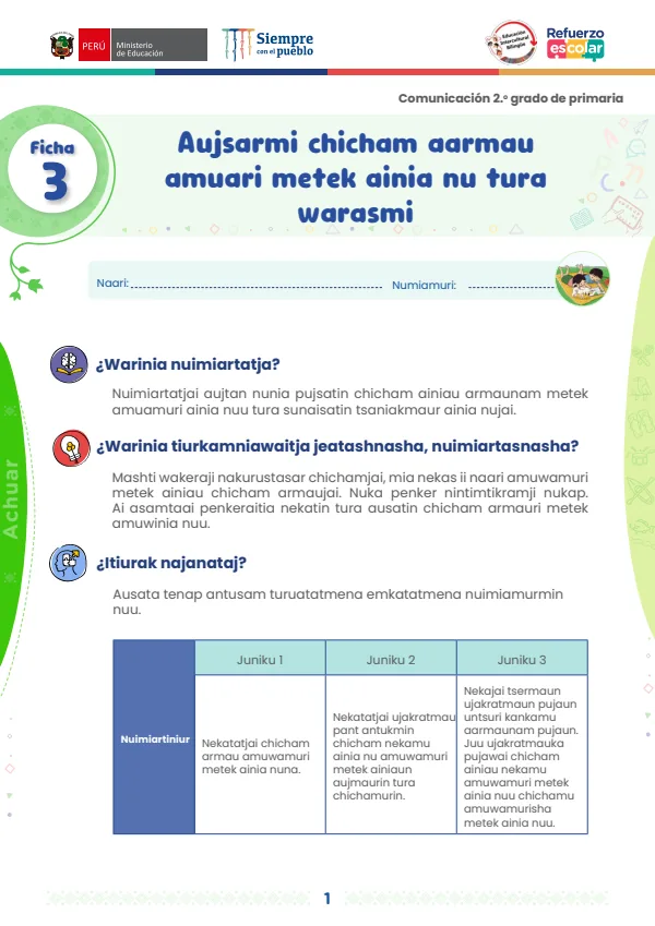 Aujsarmi chicham aarmau amuari metek ainia nu tura warasmi: ficha 3 - comunicación. 2 (MINEDU) PDF 1 Portada de Aujsarmi chicham aarmau amuari metek ainia nu tura warasmi: ficha 3 - comunicación. 2 - 2.º grado de Primaria - MINEDU