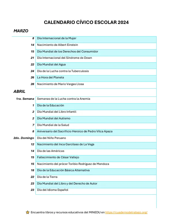Calendario Cívico Escolar 2024 Minedu Perú (Actualizado) (MINEDU) PDF 1 Portada de Calendario Cívico Escolar 2024 Minedu Perú (Actualizado) - MINEDU