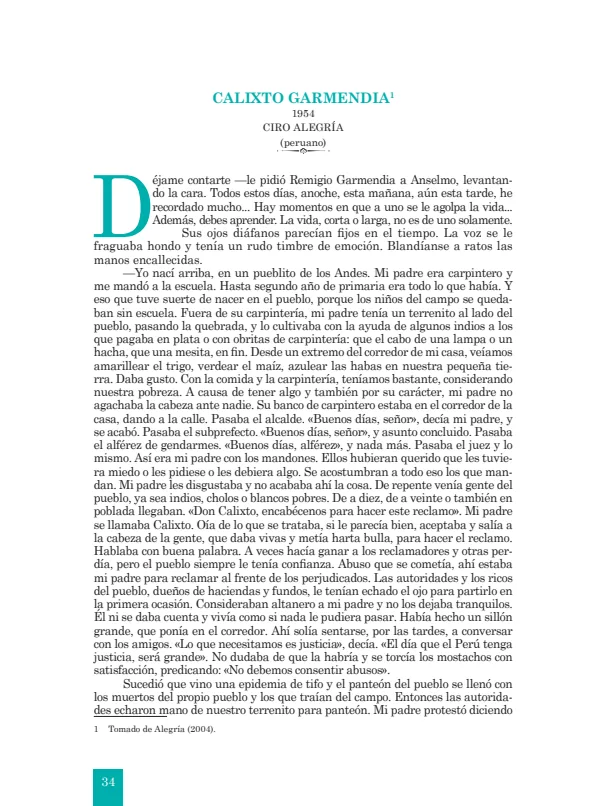 Calixto Garmendia: 1954. Ciro Alegría - 5.° grado de Secundaria (MINEDU) PDF 1 Portada de Calixto Garmendia: 1954. Ciro Alegría - 5.° grado de Secundaria - MINEDU