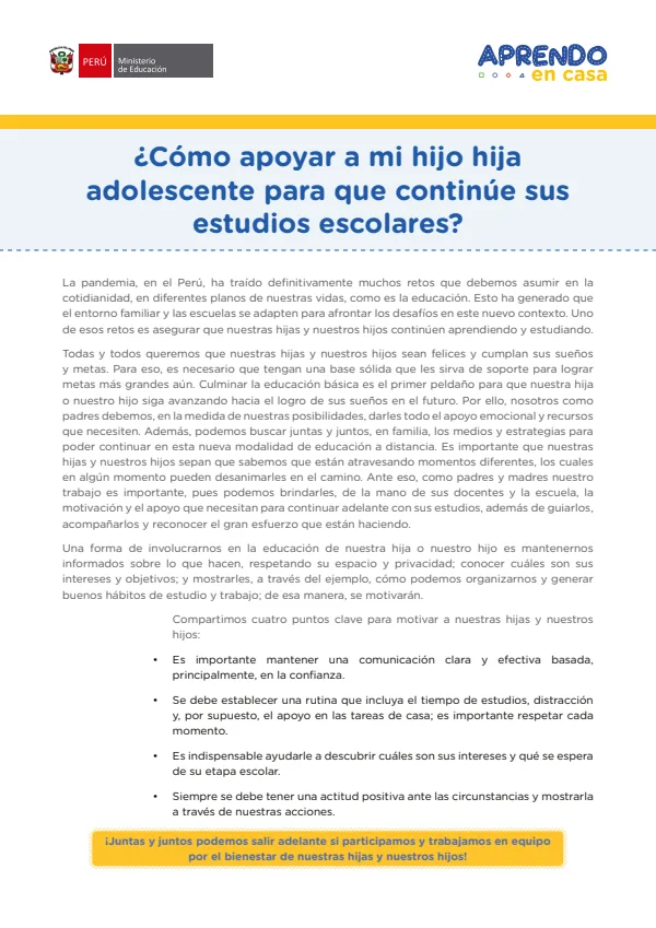 ¿Cómo apoyar a mi hijo o hija adolescente para que continúe sus estudios escolares? (MINEDU) PDF 1 Portada de ¿Cómo apoyar a mi hijo o hija adolescente para que continúe sus estudios escolares? - Secundaria - MINEDU