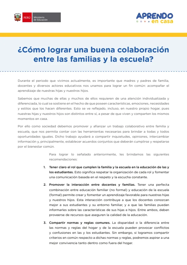 ¿Cómo lograr una buena colaboración entre las familias y la escuela? - Secundaria (MINEDU) PDF 1 Portada de ¿Cómo lograr una buena colaboración entre las familias y la escuela? - Secundaria - MINEDU