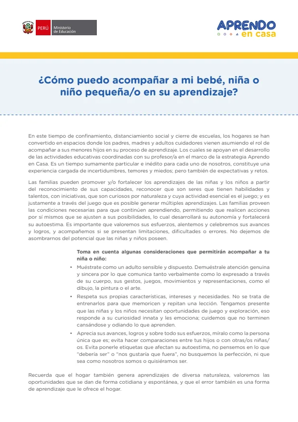 ¿Cómo puedo acompañar a mi bebé, niña o niño pequeña/o en su aprendizaje? - Secundaria (MINEDU) PDF 1 Portada de ¿Cómo puedo acompañar a mi bebé, niña o niño pequeña/o en su aprendizaje? - Secundaria - MINEDU