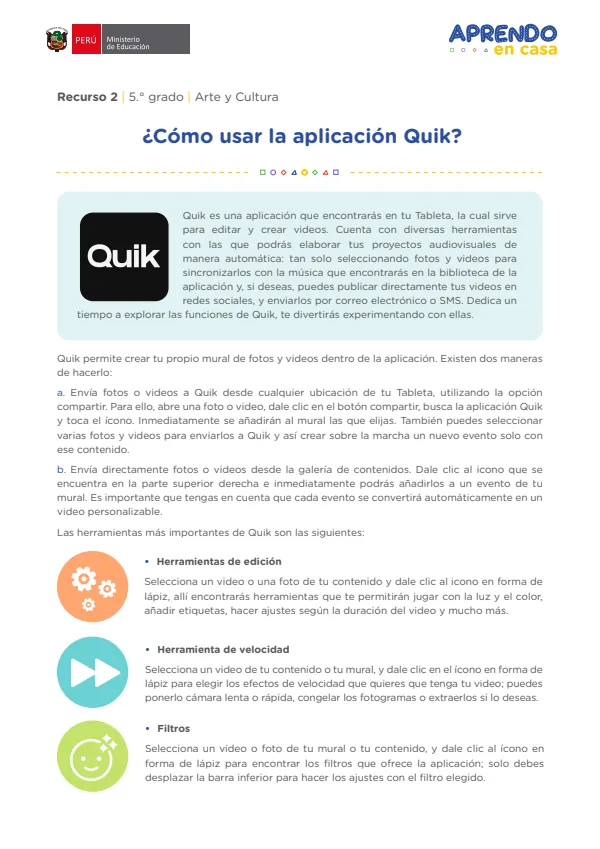 ¿Cómo usar la aplicación Quik? , 5. grado (MINEDU) PDF 1 Portada de ¿Cómo usar la aplicación Quik? , 5. grado - MINEDU
