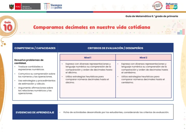 Comparamos decimales en nuestra vida cotidiana: guía 10 - matemática - andino. 6. grado (MINEDU) PDF 1 Portada de Comparamos decimales en nuestra vida cotidiana: guía 10 - matemática - andino. 6. grado - Guías docentes - MINEDU