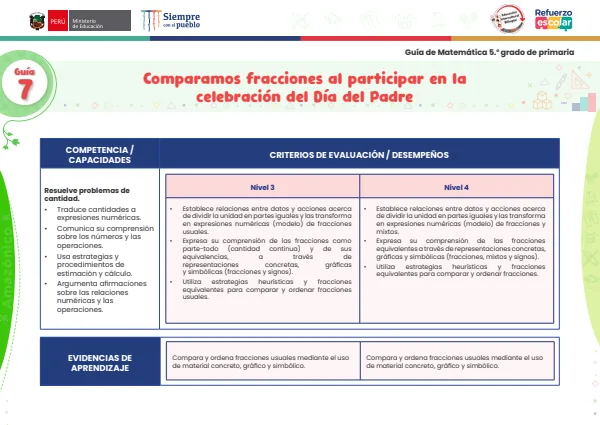 Comparamos fracciones al participar en la celebración del Día del Padre: guía 7 (MINEDU) PDF 1 Portada de Comparamos fracciones al participar en la celebración del Día del Padre: guía 7 - Guías docentes - MINEDU