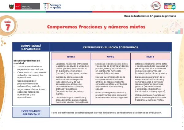 Comparamos fracciones y números mixtos: guía 7 - matemática - andino. 6. grado (MINEDU) PDF 1 Portada de Comparamos fracciones y números mixtos: guía 7 - matemática - andino. 6. grado - Guías docentes - MINEDU
