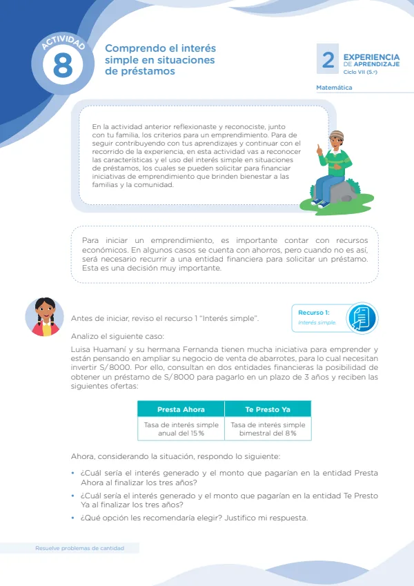 Comprendo el interés simple en situaciones de préstamos - 5.° grado de Secundaria (MINEDU) PDF 1 Portada de Comprendo el interés simple en situaciones de préstamos - 5.° grado de Secundaria - MINEDU