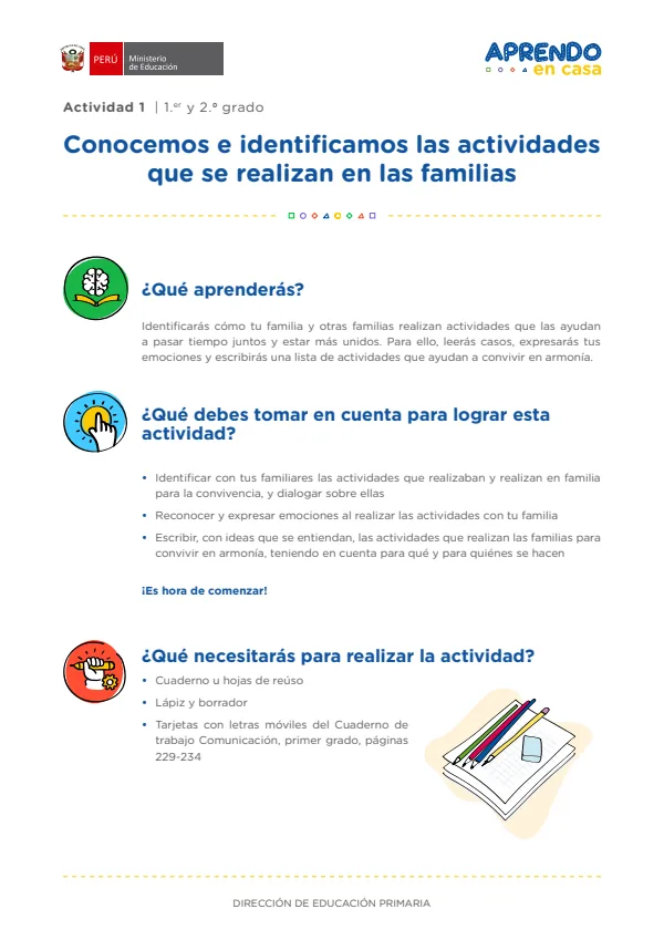 Conocemos e identificamos las actividades que se realizan en las familias - Primaria (MINEDU) PDF 1 Portada de Conocemos e identificamos las actividades que se realizan en las familias - Primaria - MINEDU
