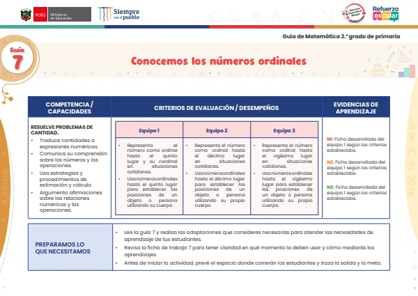 Conocemos los números ordinales: guía 7 - matemática - andino. 2. grado (MINEDU) PDF 1 Portada de Conocemos los números ordinales: guía 7 - matemática - andino. 2. grado - Educación Intercultural Bilingüe (EIB) - MINEDU