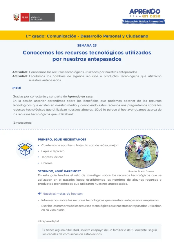 Conocemos los recursos tecnológicos utilizados por nuestros antepasados - Educación Inicial (MINEDU) PDF 1 Portada de Conocemos los recursos tecnológicos utilizados por nuestros antepasados - Educación - Educación Básica Alternativa (EBA) - MINEDU