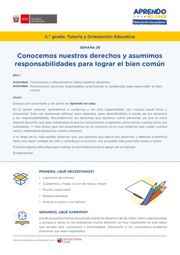 Conocemos nuestros derechos y asumimos responsabilidades para lograr el bien común (MINEDU) PDF 1 Portada de Conocemos nuestros derechos y asumimos responsabilidades para lograr el bien común - 5.º grado de Secundaria - MINEDU
