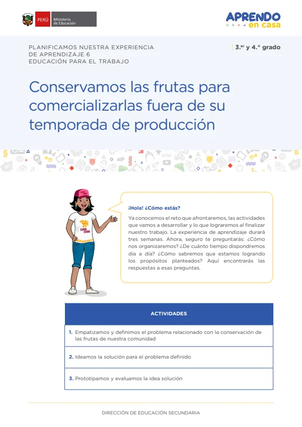 Conservamos las frutas para comercializarlas fuera de su temporada de producción: planificamos nuestra experiencia de aprendizaje 6 (MINEDU) PDF 1 Portada de Conservamos las frutas para comercializarlas fuera de su temporada de producción - 4.º grado de Secundaria - MINEDU