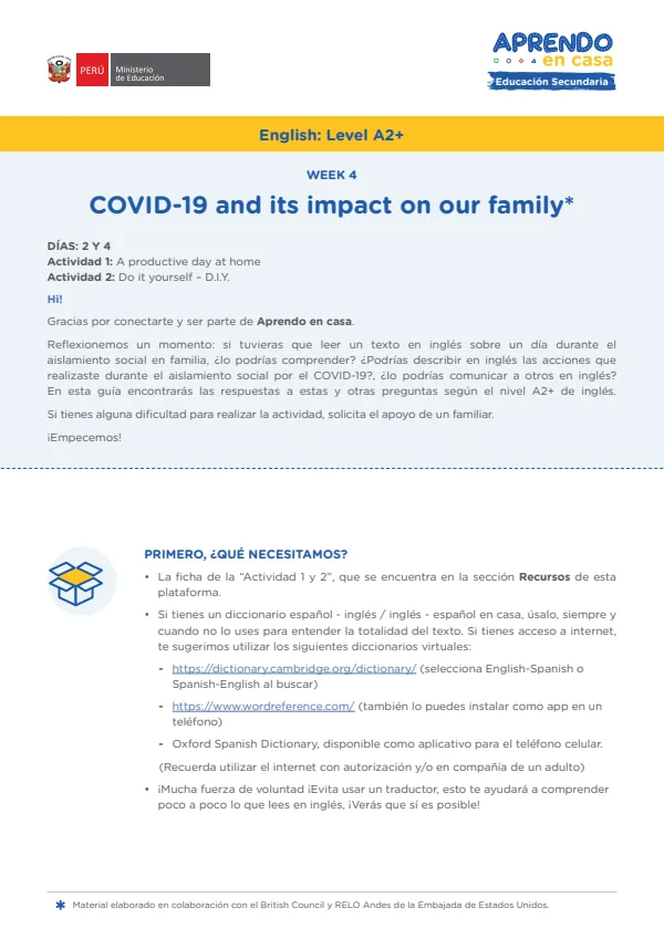 Covid-19 and its impact on our family, English: Level A2+ - 5.° grado de Secundaria (MINEDU) PDF 1 Portada de Covid-19 and its impact on our family, English: Level A2+ - 5.° grado de Secundaria - MINEDU