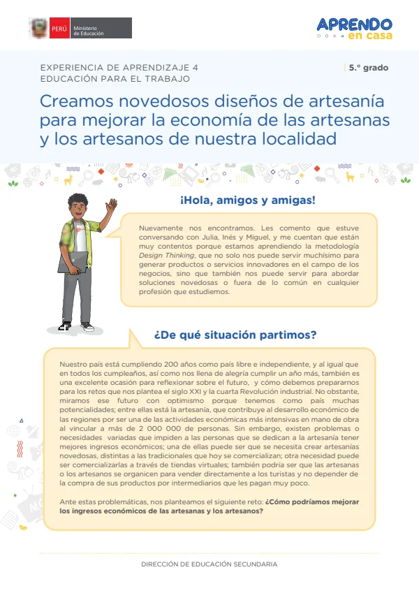 Creamos novedosos diseños de artesanía para mejorar la economía de las artesanas y los artesanos de nuestra localidad: experiencia de aprendizaje 4 (MINEDU) PDF 1 Portada de Creamos novedosos diseños de artesanía para mejorar la economía de las artesanas - 5.º grado de Secundaria - MINEDU