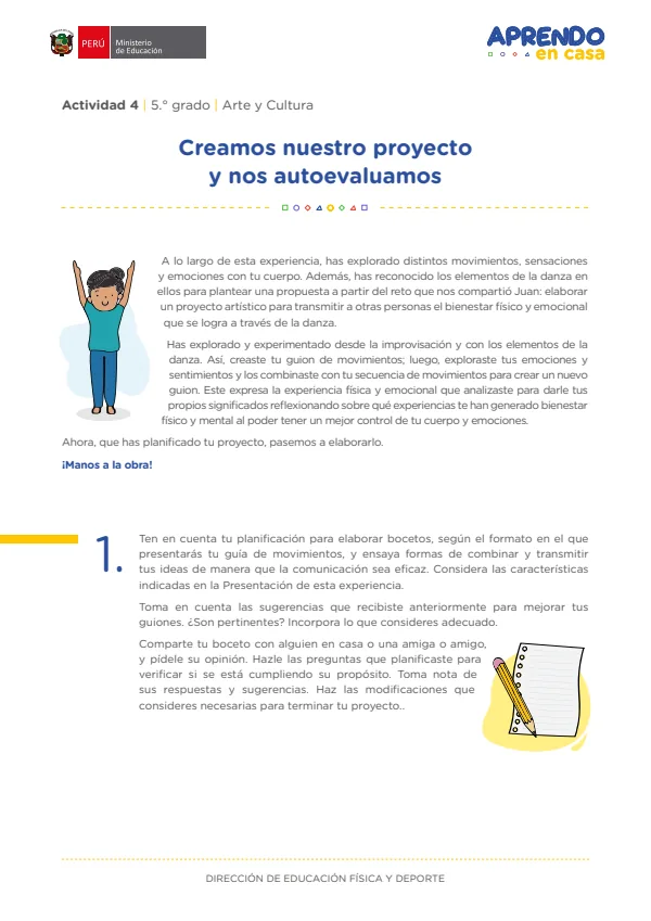 Creamos nuestro proyecto y nos autoevaluamos. Actividad 04: 5 grado - Arte y Cultura (MINEDU) PDF 1 Portada de Creamos nuestro proyecto y nos autoevaluamos. Actividad 04: 5 grado - Arte y Cultura - MINEDU