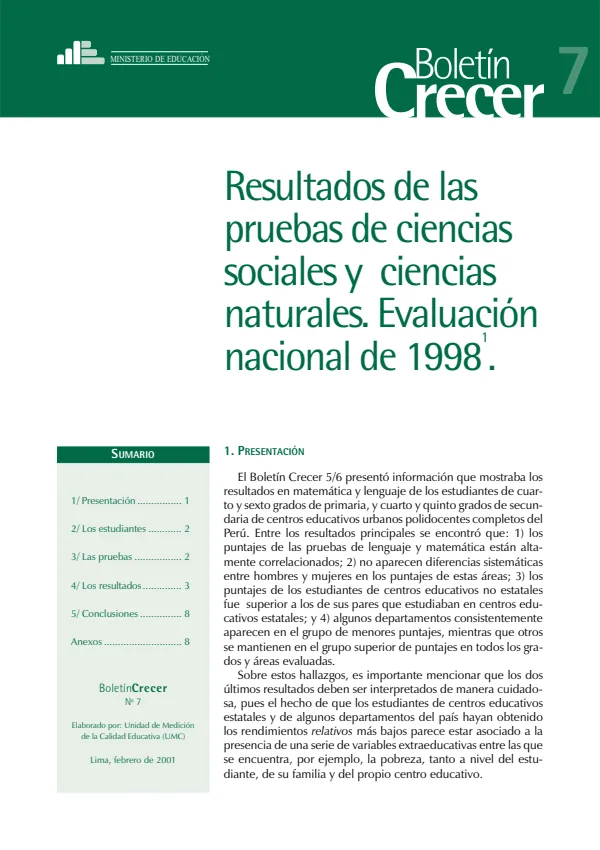 Crecer 7 Resultados de las pruebas de ciencias sociales y ciencias naturales (Boletín UMC) (MINEDU) PDF 1 Portada de Crecer 7 Resultados de las pruebas de ciencias sociales y ciencias naturales (Boletín - Evaluaciones UMC (ECE y ENLA) - MINEDU