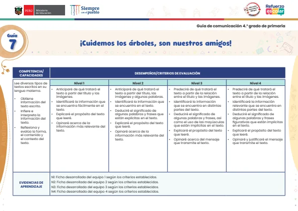 ¡Cuidemos los árboles, son nuestros amigos!: guía 7 - comunicación - andino. 4. grado (MINEDU) PDF 1 Portada de ¡Cuidemos los árboles, son nuestros amigos!: guía 7 - comunicación - andino. 4. grado - Guías docentes - MINEDU