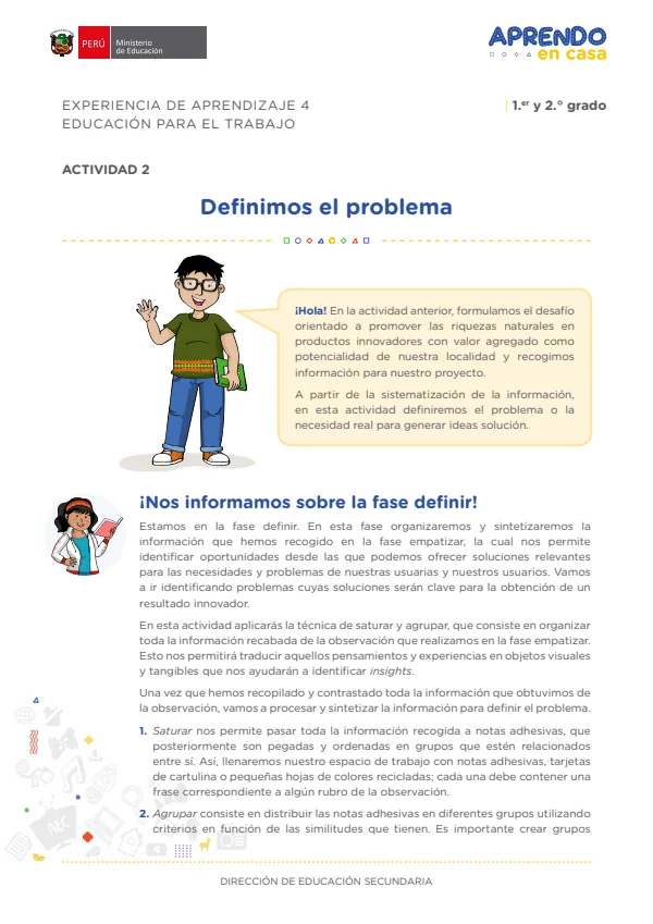 Definimos el problema: experiencia de aprendizaje 1, Educación para el trabajo (MINEDU) PDF 1 Portada de Definimos el problema: experiencia de aprendizaje 1, Educación para el trabajo - 2.º grado de Secundaria - MINEDU