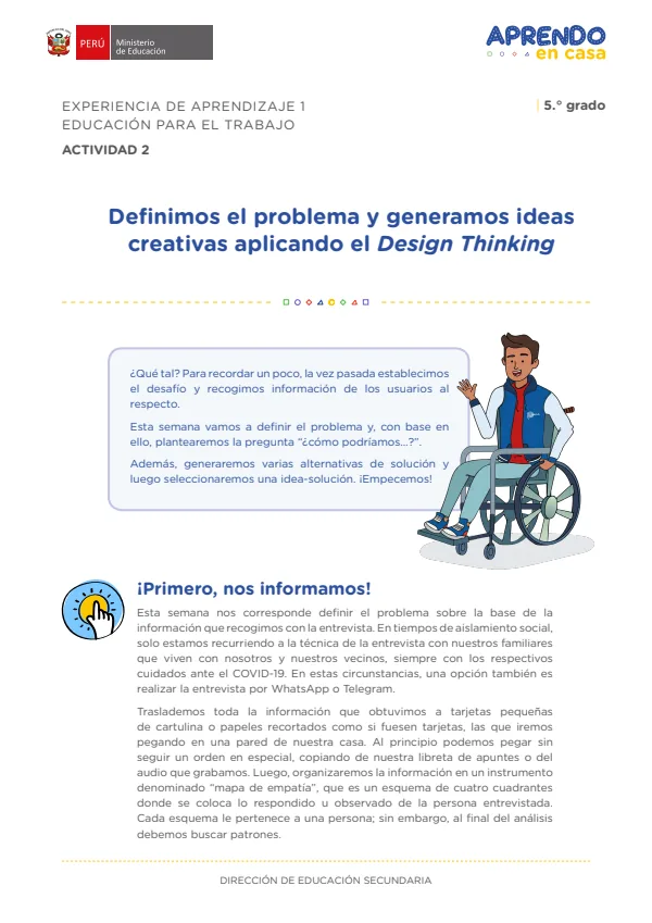 Definimos el problema y generamos ideas creativas aplicando el Design Thinking: experiencia de aprendizaje 1, Educación para el trabajo (MINEDU) PDF 1 Portada de Definimos el problema y generamos ideas creativas aplicando el Design Thinking - 5.º grado de Secundaria - MINEDU