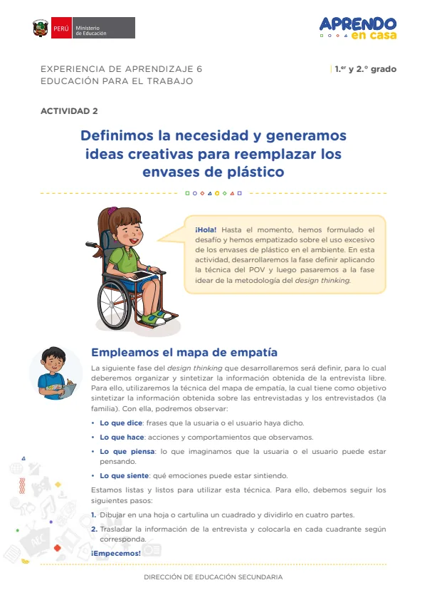 Definimos la necesidad y generamos ideas creativas para reemplazar los envases de plástico: experiencia de aprendizaje 6, Educación para el trabajo (MINEDU) PDF 1 Portada de Definimos la necesidad y generamos ideas creativas para reemplazar los envases - 2.º grado de Secundaria - MINEDU