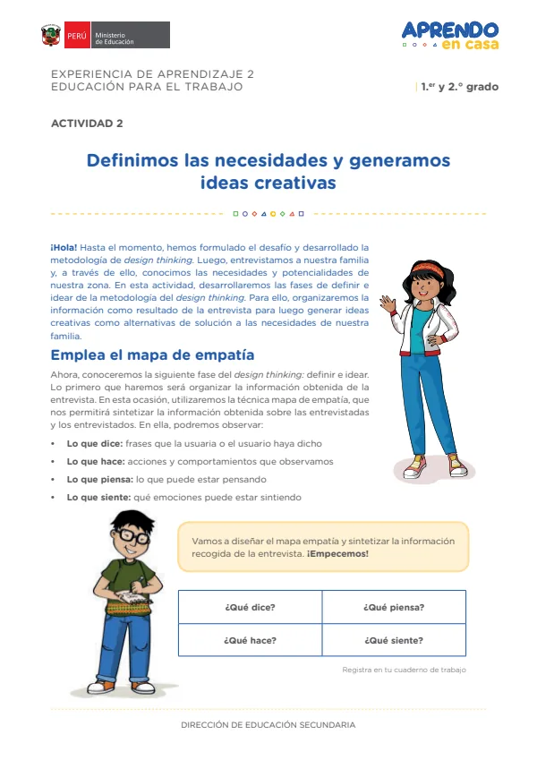 Definimos las necesidades y generamos ideas creativas: experiencia de aprendizaje 2, Educación para el trabajo (MINEDU) PDF 1 Portada de Definimos las necesidades y generamos ideas creativas: experiencia de aprendizaje 2 - 2.º grado de Secundaria - MINEDU