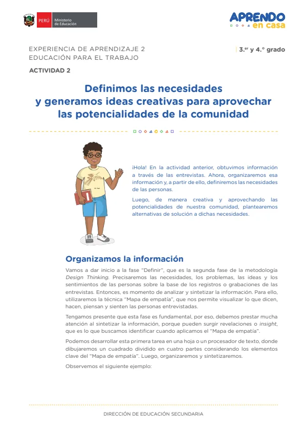 Definimos las necesidades y generamos ideas creativas para aprovechar las potencialidades de la comunidad: experiencia de aprendizaje 2 (MINEDU) PDF 1 Portada de Definimos las necesidades y generamos ideas creativas para aprovechar - 4.º grado de Secundaria - MINEDU