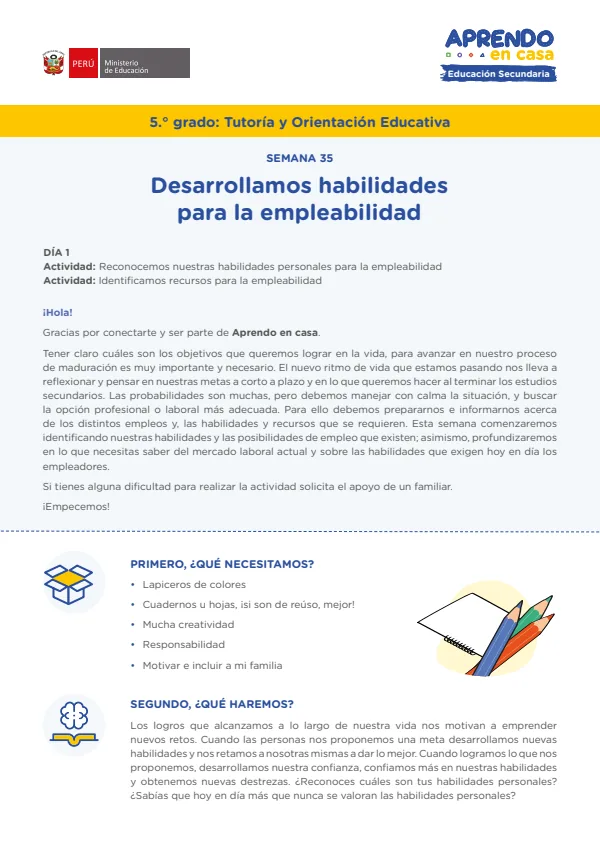 Desarrollamos habilidades para la empleabilidad - 5.° grado de Secundaria (MINEDU) PDF 1 Portada de Desarrollamos habilidades para la empleabilidad - 5.° grado de Secundaria - MINEDU