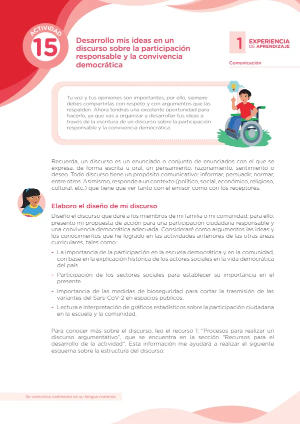 Desarrollo mis ideas en un discurso sobre la participación responsable y la convicencia democrática: experiencia aprendizaje 1. Comunicación (MINEDU) PDF 1 Portada de Desarrollo mis ideas en un discurso sobre la participación responsable y la convicencia - Secundaria - MINEDU