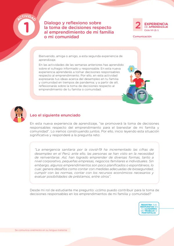 Dialogo y reflexiono sobre la toma de decisiones respecto al emprendimiento de mi familia o mi comunidad (MINEDU) PDF 1 Portada de Dialogo y reflexiono sobre la toma de decisiones respecto al emprendimiento de mi - 5.º grado de Secundaria - MINEDU