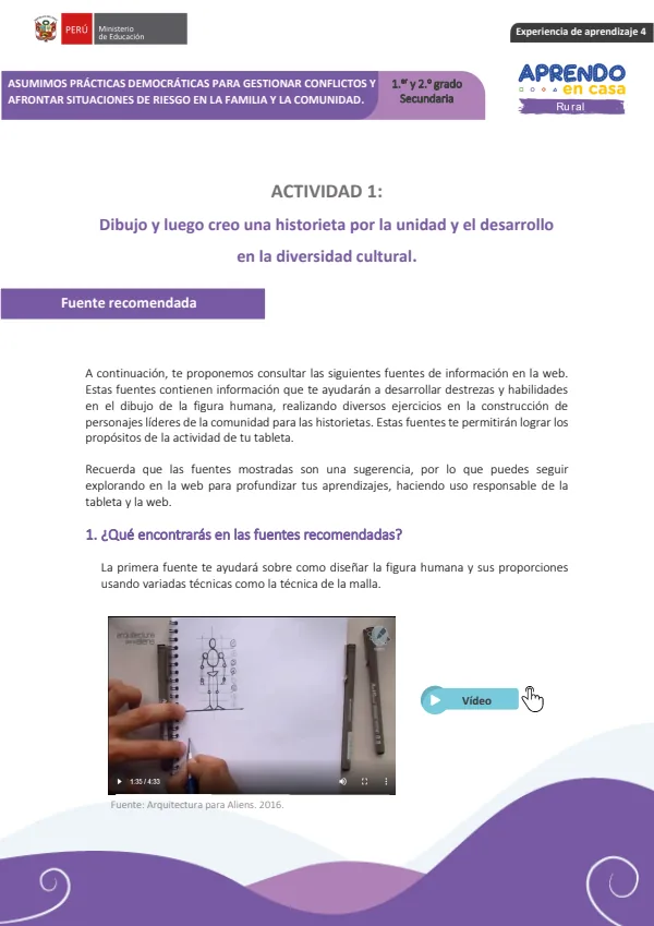 Dibujo y luego creo una historieta por la unidad y el desarrollo en la diversidad cultural (MINEDU) PDF 1 Portada de Dibujo y luego creo una historieta por la unidad y el desarrollo en la diversidad - 2.º grado de Secundaria - MINEDU