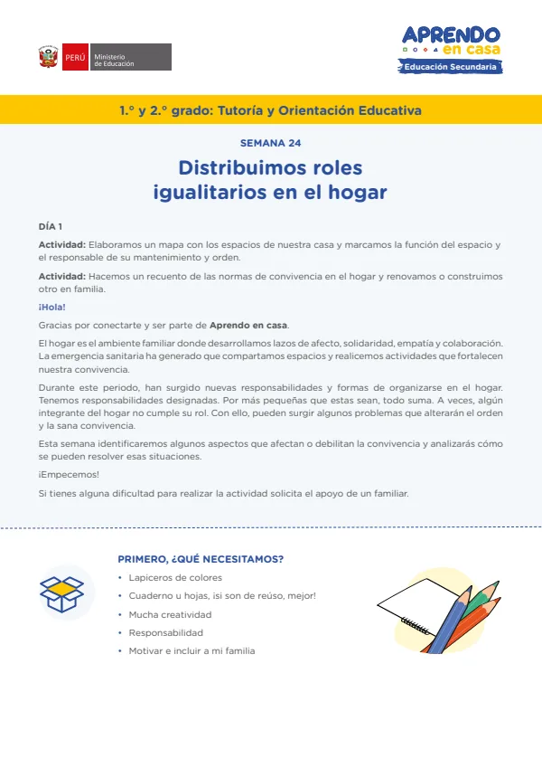 Distribuimos roles igualitarios en el hogar - Secundaria (MINEDU) PDF 1 Portada de Distribuimos roles igualitarios en el hogar - Secundaria - MINEDU