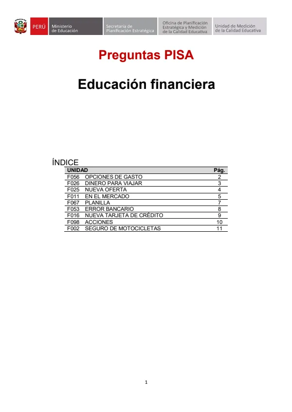 Educación financiera preguntas liberadas PISA (Preguntas liberadas de las evaluaciones PISA) (MINEDU) PDF 1 Portada de Educación financiera preguntas liberadas PISA (Preguntas liberadas de las evaluaciones - Evaluaciones UMC (ECE y ENLA) - MINEDU