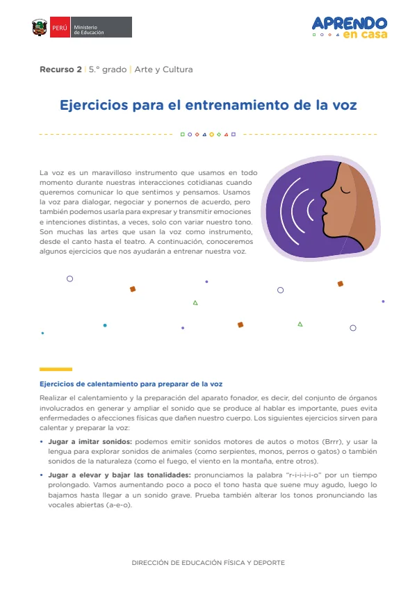 Ejercicios para el entrenamiento de la voz , 5. grado (MINEDU) PDF 1 Portada de Ejercicios para el entrenamiento de la voz , 5. grado - MINEDU