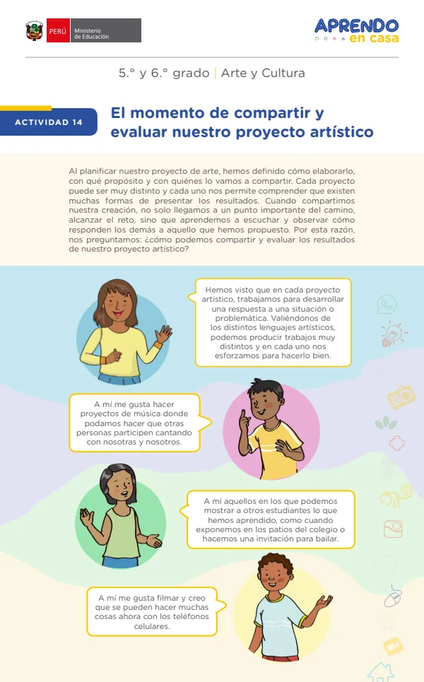 El momento de compartir y evaluar nuestro proyecto artístico. 5. y 6. grado (MINEDU) PDF 1 Portada de El momento de compartir y evaluar nuestro proyecto artístico. 5. y 6. grado - MINEDU